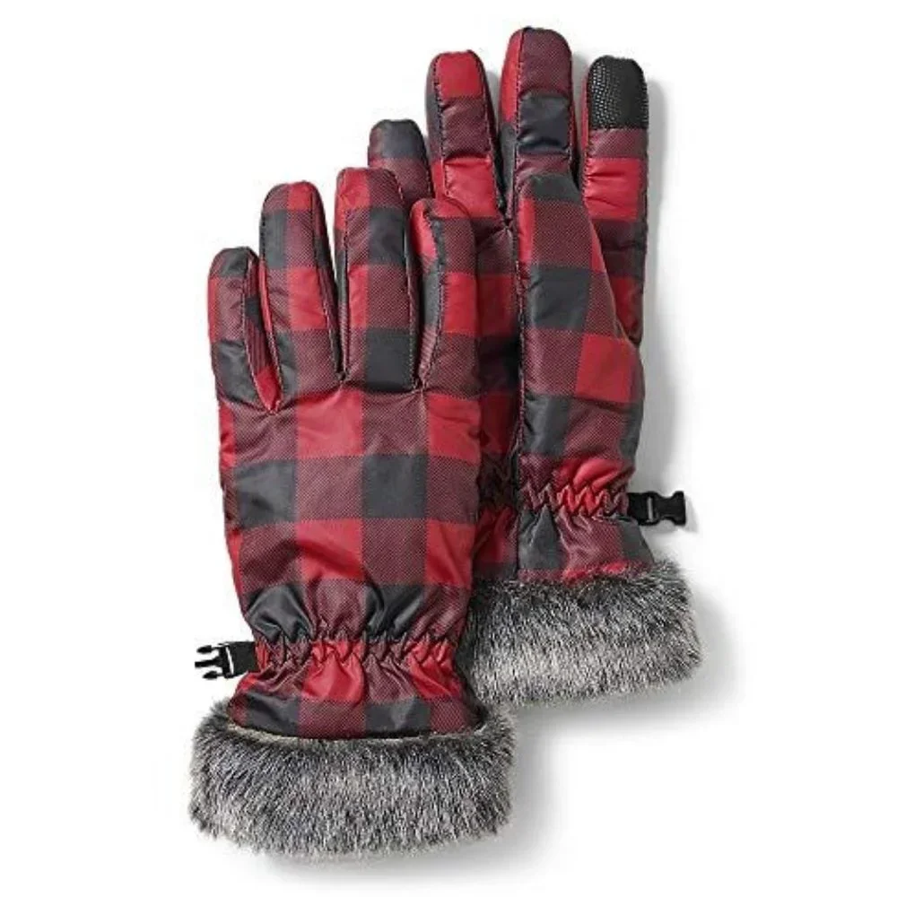 EDDIE BAUER SUN VALLEY DOWN BUFFALO PLAID FAUX FUR TRIMMED GLOVES SMALL EUC
